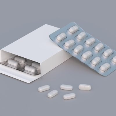 Package with two blisters with medicines pills. Mockup template.